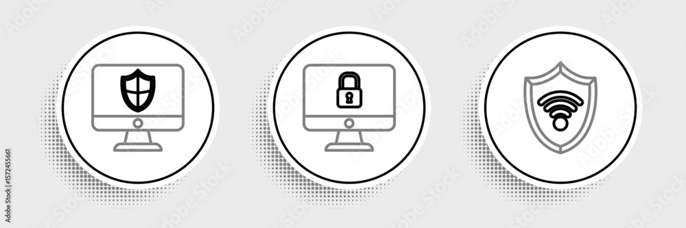 Poster set line shield with wifi wireless internet network, computer monitor and shield and lock computer s