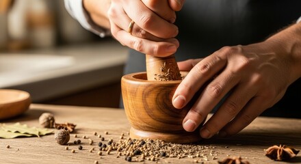Hands grinding spices, fresh and aromatic, in a wooden mortar and pestle, kitchen background