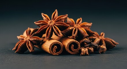 Aromatic spices, warm and fragrant, for baking and cooking, dark background