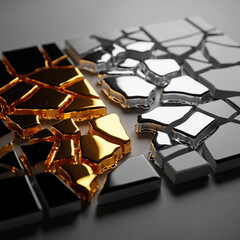Abstract mosaic, gold and silver, fragmented and metallic, geometric pattern 