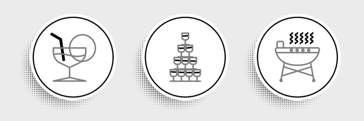 Set line Barbecue grill, Martini glass and Wine glasses stacked pyramid tower icon. Vector