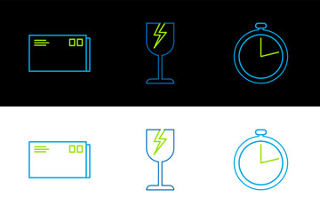 Set line Stopwatch, Envelope and Fragile broken glass symbol icon. Vector