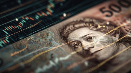 Artistic portrayal of a currency note focused on intricate design elements enhanced by a digital interface displaying stock market trends emphasizing the integration of realworld currency