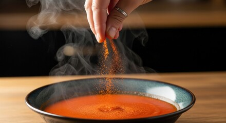 Seasoning hot soup, warm and inviting, adding flavor, dark background