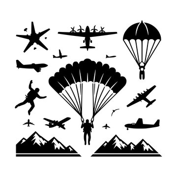 Diverse silhouettes of aircraft and parachuting activities with mountain scenery