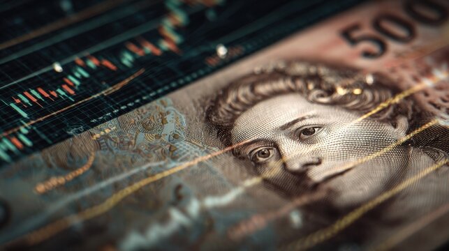 Artistic portrayal of a currency note focused on intricate design elements enhanced by a digital interface displaying stock market trends emphasizing the integration of realworld currency