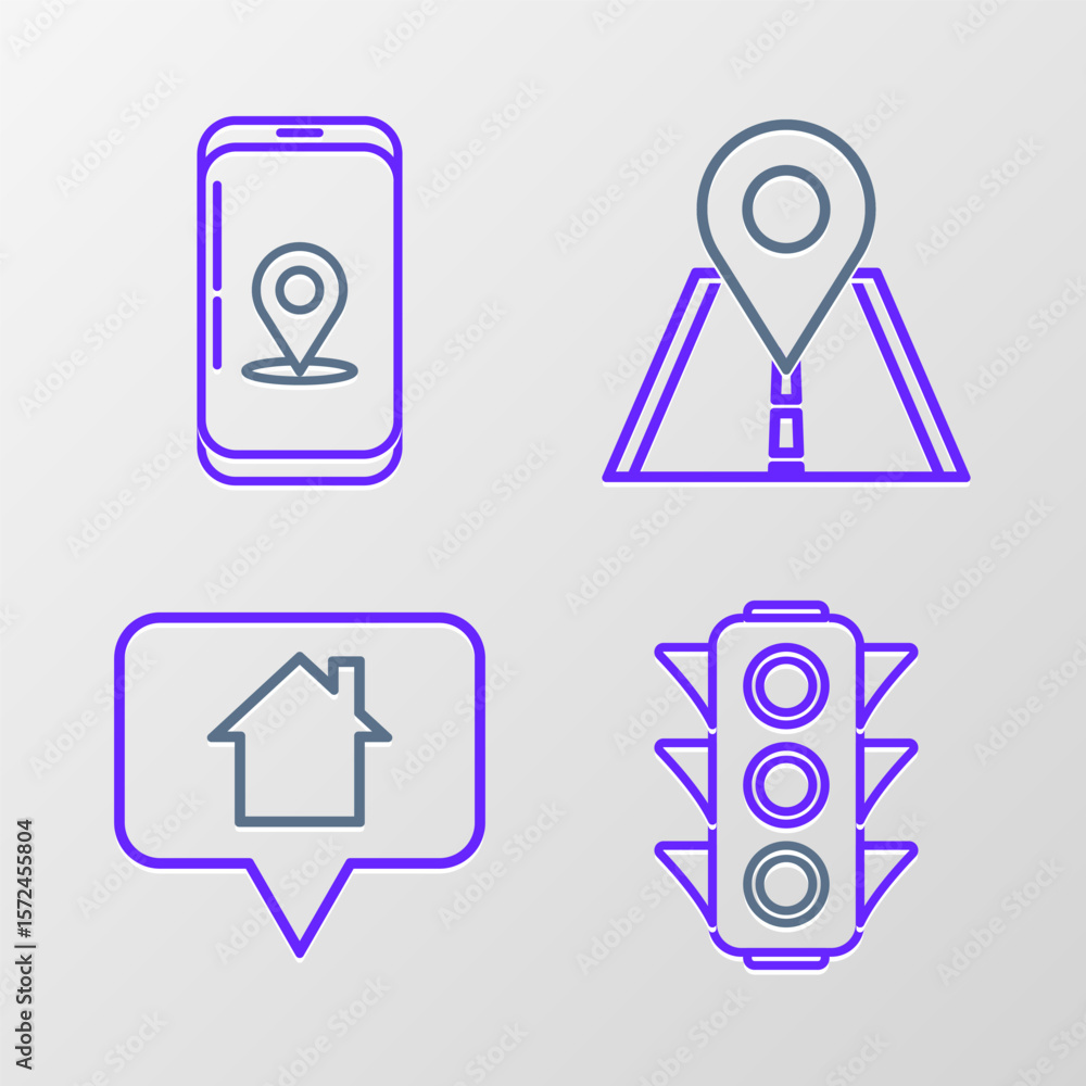 Poster set line traffic light, map pointer with house, road traffic sign and infographic of city map naviga