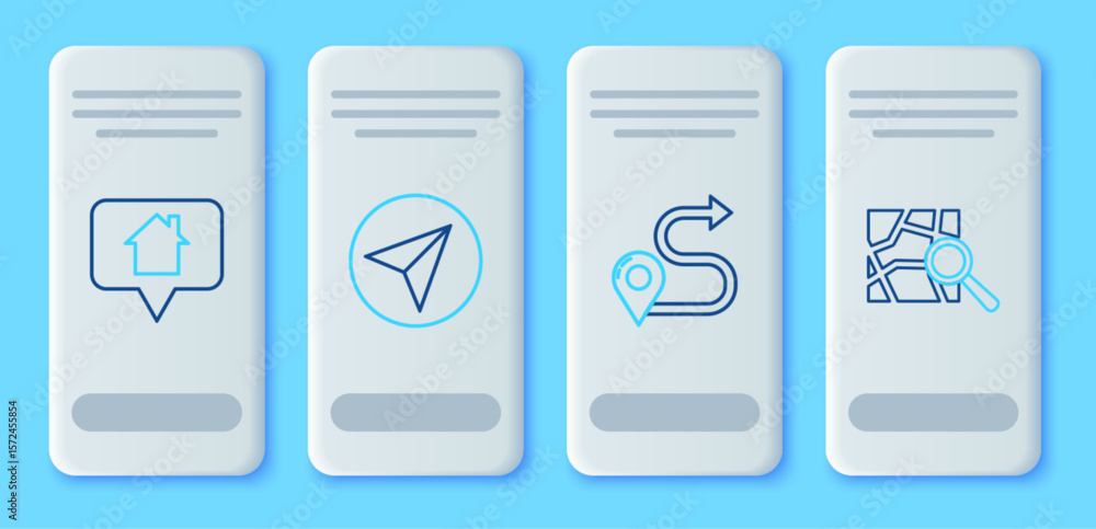 Poster set line paper airplane, route location, map pointer with house and folded map marker icon. vector