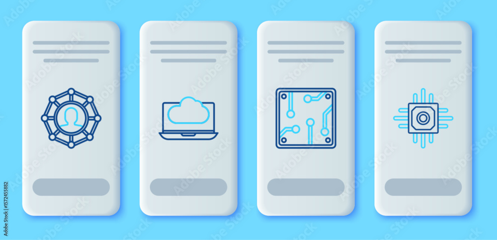 Aufkleber set line cloud technology data transfer and storage, processor, project team base and icon. vector