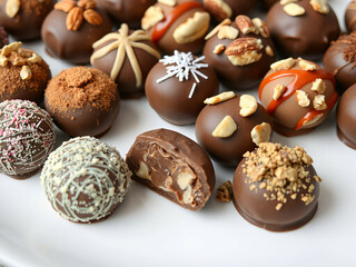 Assortment of chocolate truffles, decadent and sweet, for dessert or gift, white plate background