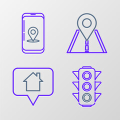 Set line Traffic light, Map pointer with house, Road traffic sign and Infographic of city map navigation icon. Vector