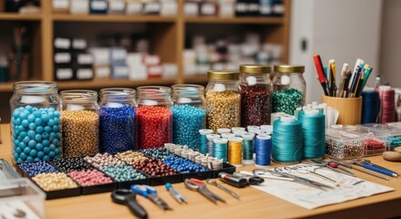 A colorful collection of beads and jewelry making supplies arranged on a table