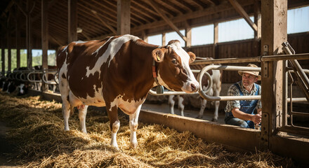 Brown and white cow, healthy and calm, in a barn with a farmer, rustic farm setting