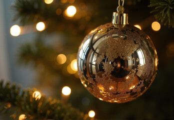 Gold Christmas ornament, festive and sparkling, hanging on a tree, bokeh lights background