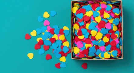 A box overflowing with colorful heart confetti creates a vibrant and festive background for valentines day