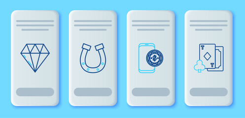 Set line Horseshoe, Online poker table game, Diamond and Playing card with diamonds icon. Vector