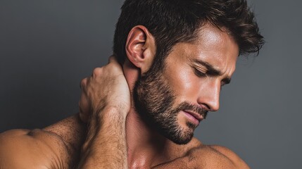 Man stretching his neck side to side due to muscle tightness.