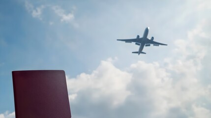Maroon Passport Against Airplane Sky Background clouds
