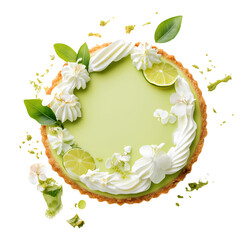 Aerial view of a key lime pie decorated with whipped cream and flowers isolated on transparent background