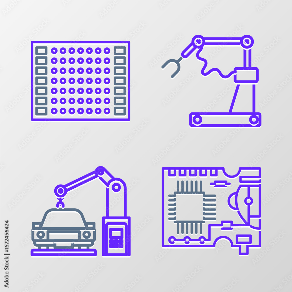 Poster set line printed circuit board pcb, industrial machine robotic robot arm hand, factory and icon. vec