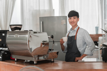 Barista crafting fresh coffee, , portrait, bright interior, close-up, passion for brewing