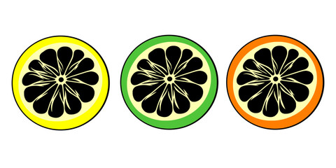 Minimalist Fruit Silhouettes of Lemon, Kiwi and Orange on White Background