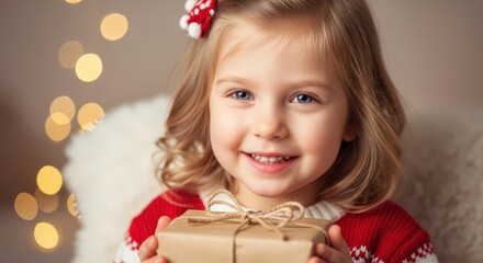 A happy young girl smiles brightly while holding a christmas gift, radiating joy and festive cheer