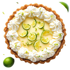 Overhead view of a key lime pie with whipped cream and lime slices isolated on transparent background