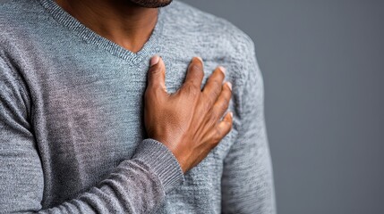 Man with hand on chest, representing heartburn or chest pain.