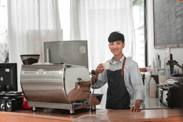 Barista crafting coffee drinks in urban , portrait of friendly service in bright atmosphere