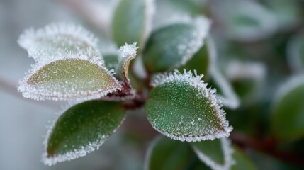 Close-up of a plant with green leaves covered in a layer of frost. the leaves are oval-shaped and have a glossy texture.