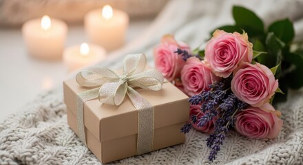 A beautifully wrapped gift box sits among pink roses and lit candles, creating a romantic ambiance