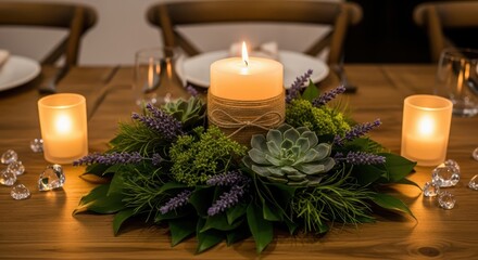 A rustic and elegant candle centerpiece adorns a table, creating a romantic and festive atmosphere for a wedding or special event