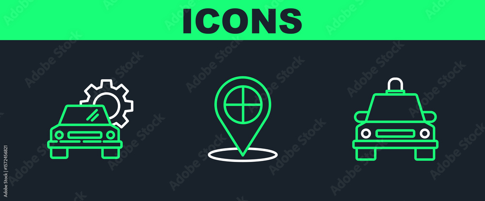 Poster set line taxi car, car service and map pointer with taxi icon. vector