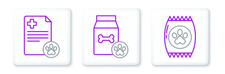 Set line Bag of food for pet, Clipboard with medical clinical record and icon. Vector