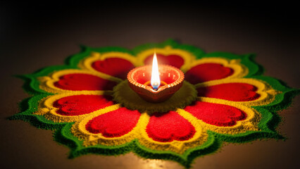 A vibrant rangoli pattern with a lit diya in the center, celebrating the spirit of Diwali festival.