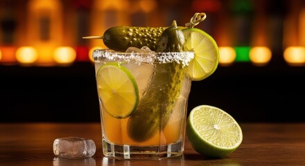 A tangy pickle cocktail garnished with lime sits on a bar, ready to be enjoyed