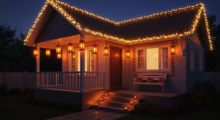 House decorated with string lights and lanterns at night. Diwali celebration with bright lamps and diyas. Traditional festival.