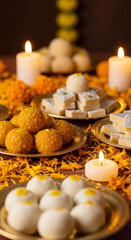 Indian sweets ladoo, barfi, and peda with candles and marigold flower background for Diwali celebration.