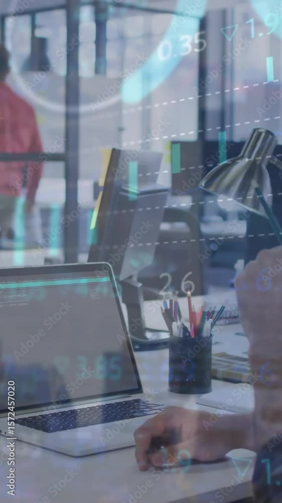 Poster animation of financial data processing over caucasian businessman using computer in office
