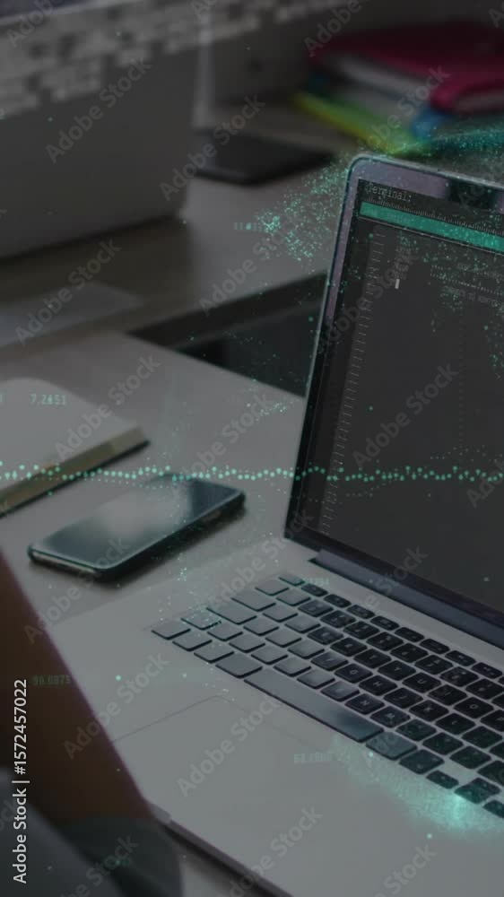 Poster animation of financial data processing over african american businessman using computer