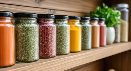 A neat row of spice jars lines a wooden shelf, showcasing a variety of culinary ingredients