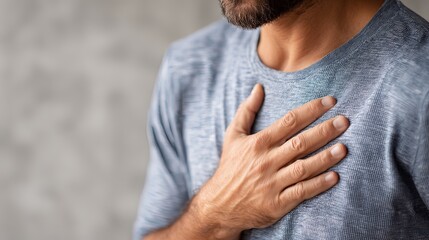 Man with hand on chest, representing heartburn or chest pain.