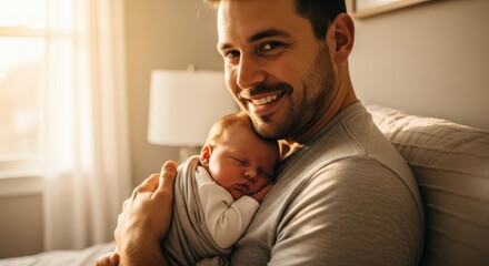 A loving father cradles his newborn baby in his arms, sharing a tender moment of connection
