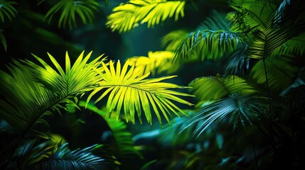Fototapeta premium Lush tropical foliage in vibrant greens and yellows.