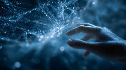 Abstract digital technology hand reaching network connection data science ai neural network concept art