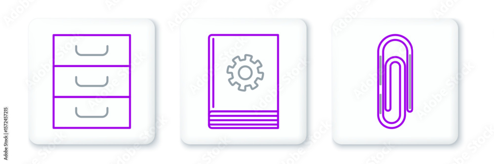 Poster set line paper clip, drawer with documents and user manual icon. vector