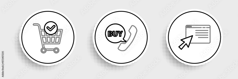 Poster set line online shopping on screen, shopping cart with check mark and phone and speech bubble buy ic