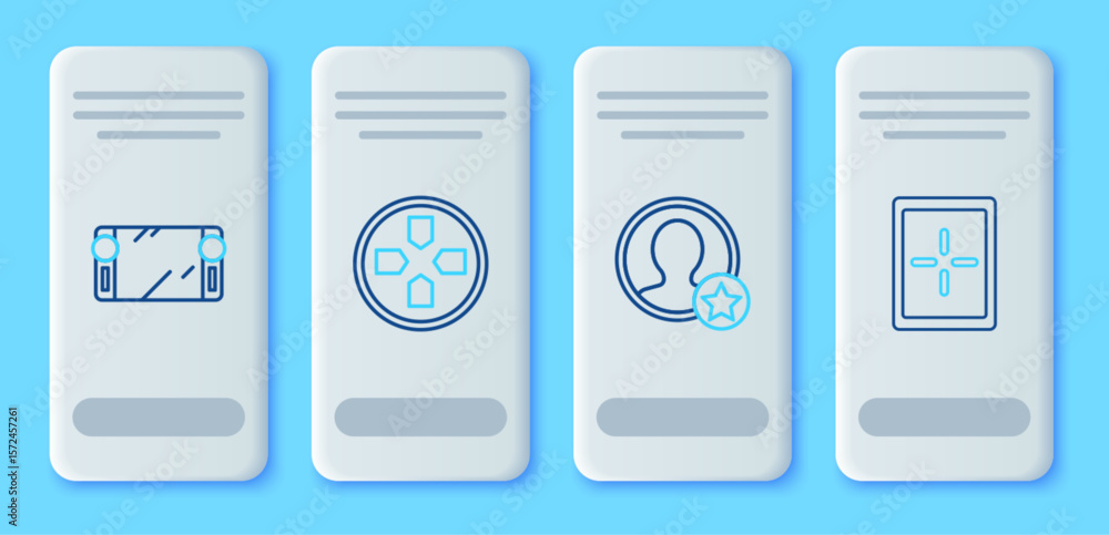 Poster set line gamepad, premium create account screen, portable video game console and tablet icon. vector