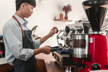 Barista brewing specialty coffee, coffee shop, craftsmanship shot, cozy ambiance, side view, artistry
